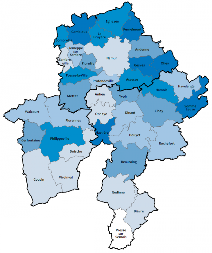 Présentation de la région de Namur avec ces villes comme : Andenne, Dinant, Ciney,Houyet, Beauraing, Gedinne, Bièvre,Gembloux, Fernelmont,La Bruyère, Sombreffe, Jemeppe sur Sambre, Sambre ville, Floreffe, Gesves, Ohey, Assesse, Profondeville, Fosses-la-ville, Mettet, Anhée, Yvoir, Hamois, Havelange, Somme Leuze, Rocherfort, Vresse sur Semois, Viroinval, Couvin, Philippeville, Cerfontaine, Walcourt, Florennes, Onhaye, Eghezée, Hastière